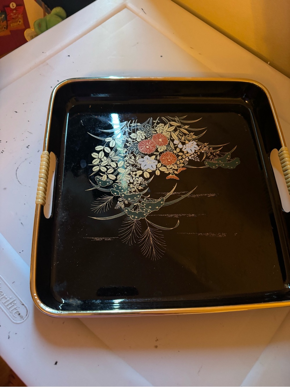 Black Floral Decorative Serving Tray with Side Handles